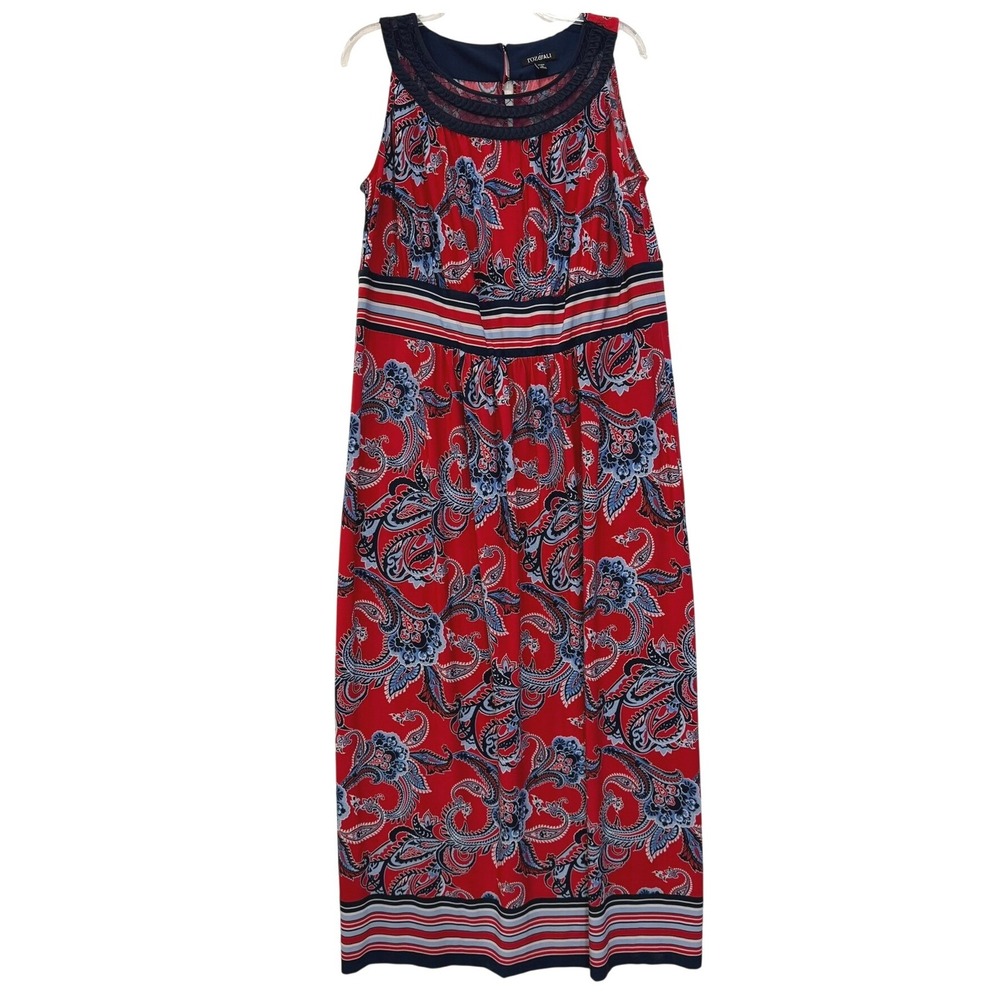 Roz & Ali Women 1X Red‎ Paisley Sleeveless Maxi Dress Navy Mesh Neckline Striped